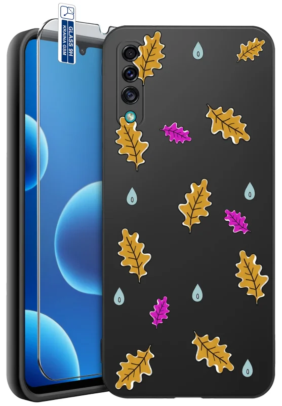 Etui jesienne do Samsung Galaxy A50 | A30s z nadrukiem żółtych i różowych liści dębu oraz kropli deszczu na czarnym pokrowcu i szkłem hartowanym 9H