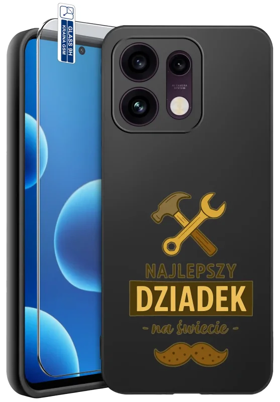 Czarne etui dla Dziadka do Oppo Reno 16 Pro 5G z napisem „Najlepszy Dziadek na świecie”, motywem narzędzi i szkłem hartowanym 9H