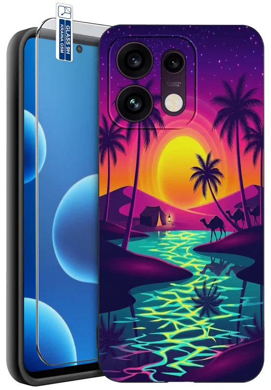Etui wakacyjne do Oppo Reno 16 Pro 5G z palmami, zachodem słońca i szkłem hartowanym 9H