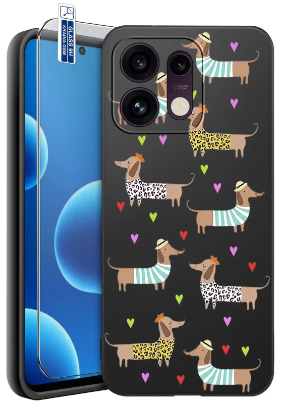 Etui z psem do Oppo Reno 16 Pro 5G z kolorowym wzorem jamników i serduszek oraz szkłem hartowanym 9H