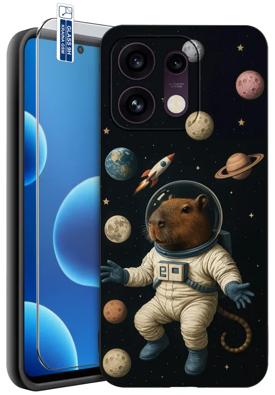 Etui z kapibarą do Oppo Reno 16 Pro 5G z motywem kosmicznym oraz szkłem hartowanym 9H