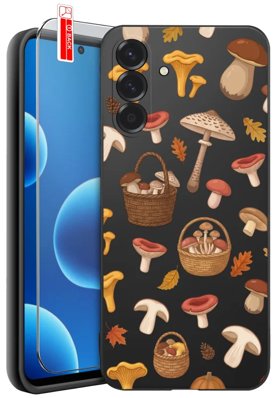 Etui jesienne do Samsung Galaxy A37 5G z nadrukiem kolorowych grzybów, koszyków i jesiennych liści na czarnym pokrowcu oraz szkłem hartowanym 9H