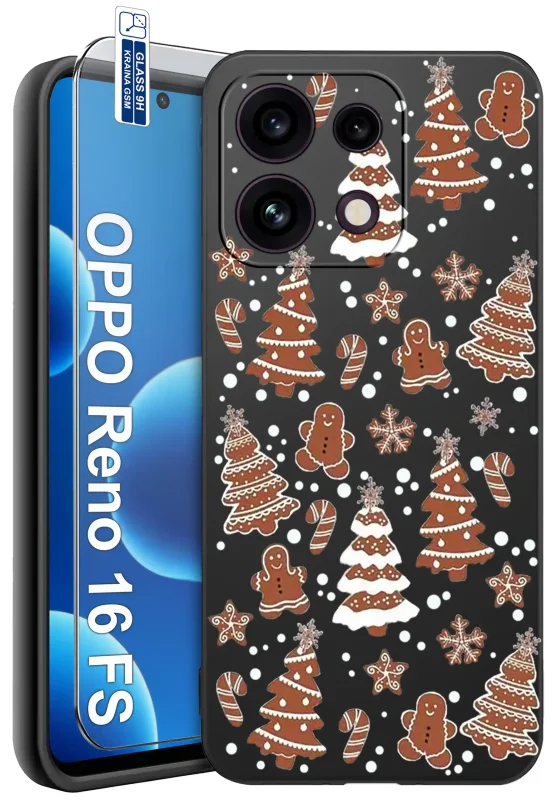 Etui świąteczne do Oppo Reno 16 F | 16 FS 5G z piernikami, choinkami i szkłem hartowanym 9H