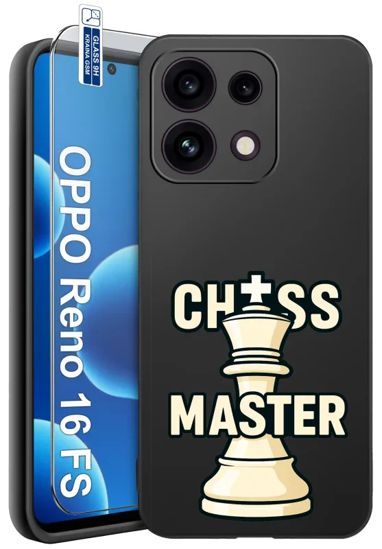 Etui do Oppo Reno 16 F | 16 FS 5G z motywem szachowym i napisem Chess Master oraz szkłem hartowanym 9H