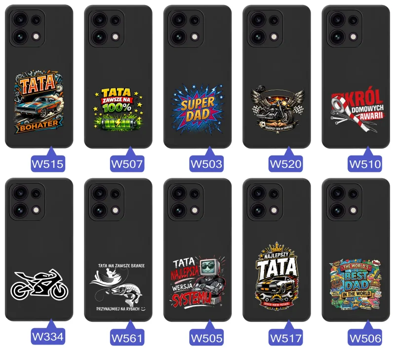 Kolekcja etui dla Taty do Oppo Reno 16 F | 16 FS 5G z motywami samochodów, motocykli, narzędzi i wędkarstwa oraz napisami Super Tata, Best Dad i Król Domowych Awarii