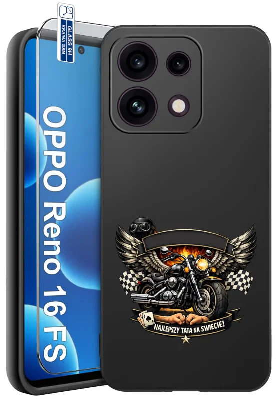 Etui dla Taty do Oppo Reno 16 F | 16 FS 5G z grafiką motocykla i napisem „Najlepszy Tata” oraz szkłem hartowanym 9H