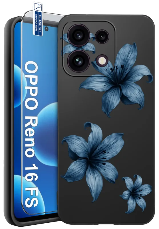 Etui do Oppo Reno 16 F | 16 FS 5G z niebieskimi kwiatami oraz szkłem hartowanym 9H