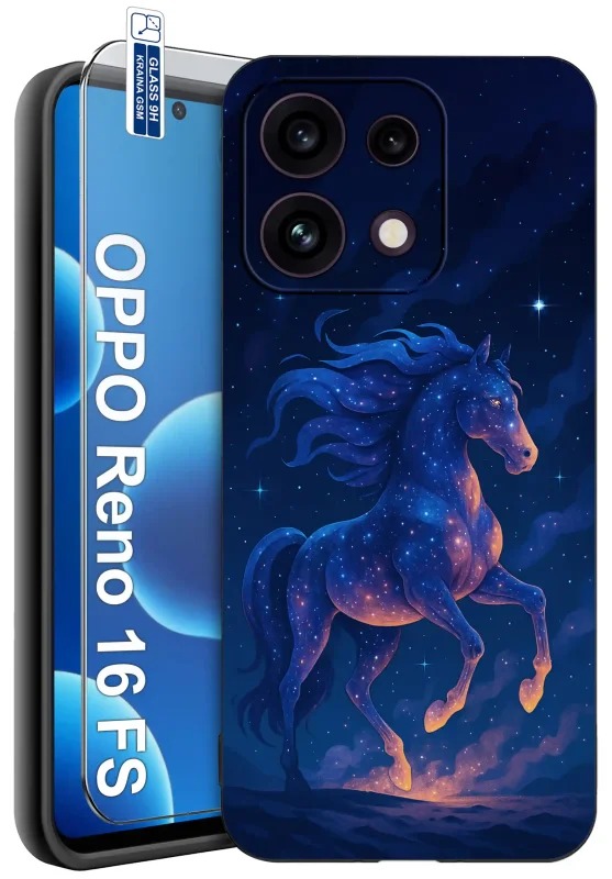 Etui z koniem do Oppo Reno 16 F | 16 FS 5G z niebiesko-fioletowym motywem konia oraz szkłem hartowanym 9H