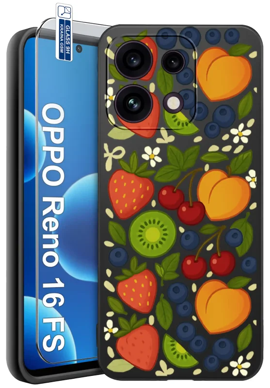 Etui z owocami do Oppo Reno 16 F | 16 FS 5G z truskawkami, kiwi, wiśniami, jagodami i brzoskwiniami oraz szkłem hartowanym 9H
