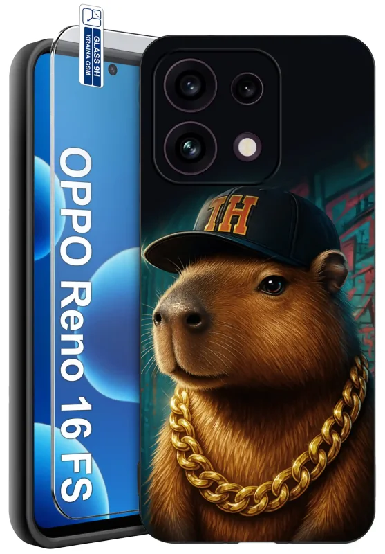 Etui z kapibarą do Oppo Reno 16 F | 16 FS 5G z kapibarą w czapce i złotym łańcuchu oraz szkłem hartowanym 9H