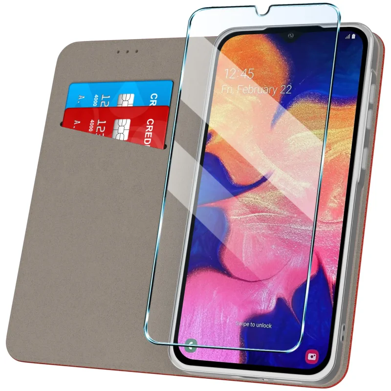Etui z klapką do Samsung Galaxy A10 z kieszonką na karty i szkłem hartowanym 9H
