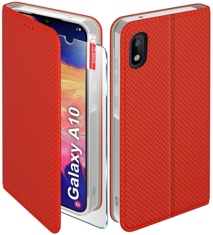 Czerwone etui z klapką do Samsung Galaxy A10 ze szkłem hartowanym 9H