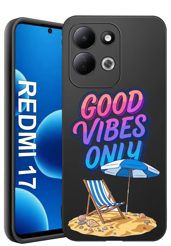 Etui wakacyjne do Xiaomi Redmi 17 4G | 5G z napisem „GOOD VIBES ONLY”, leżakiem i parasolem plażowym