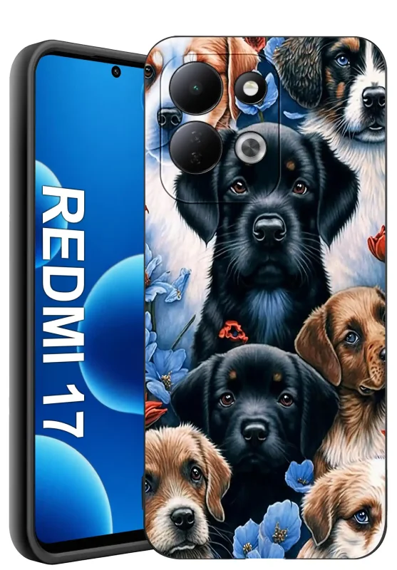 Etui z psem do Xiaomi Redmi 17 4G | 5G z motywem szczeniaków i niebieskich kwiatów