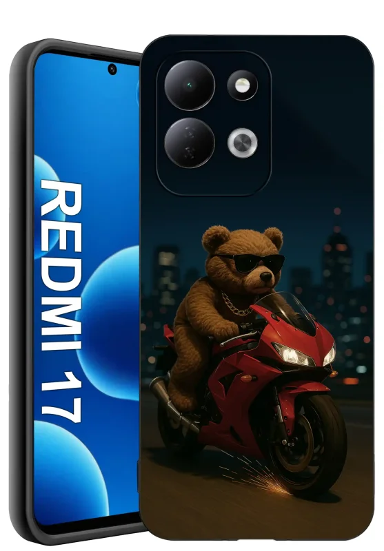 Etui z misiem na motocyklu do Xiaomi Redmi 17 4G | 5G z motywem czerwonego motocykla