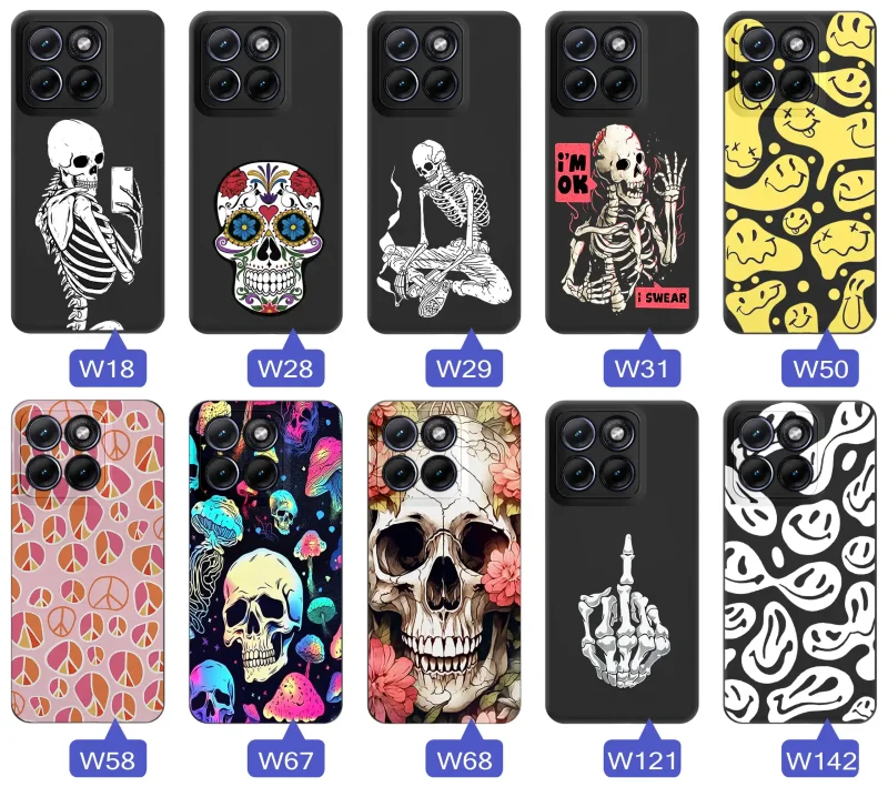Kolekcja różnych wzorów etui Halloween do Motorola Edge 70 Fusion z motywami czaszek, szkieletów, uśmiechów i grafik w stylu dark