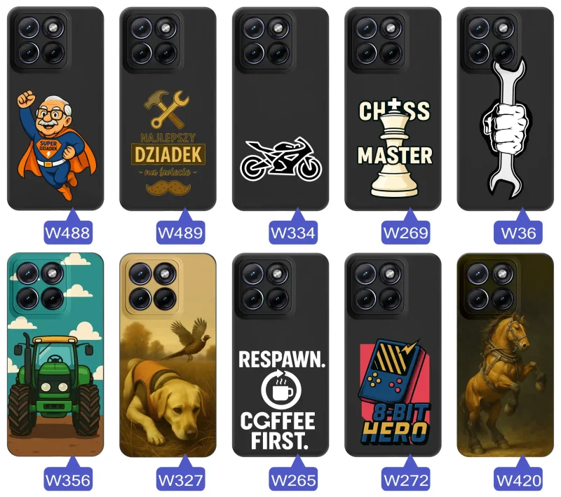Kolekcja wzorów etui dla dziadka do Motorola Edge 70 Fusion: Super Dziadek, narzędzia, szachy, motocykl, traktor, pies, koń i retro gaming
