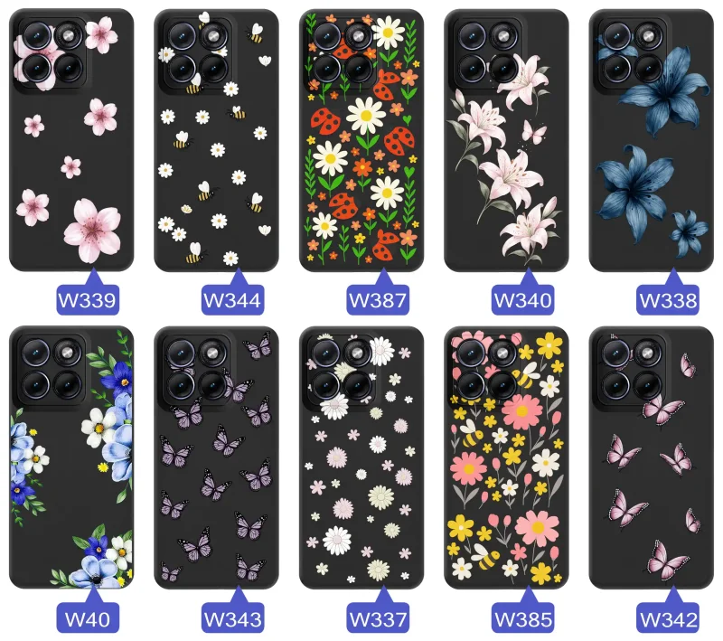 Kolekcja wzorów wiosennych na etui do Motorola Edge 70 Fusion: kwiaty, motyle, pszczółki, biedronki i truskawki na silikonowych pleckach