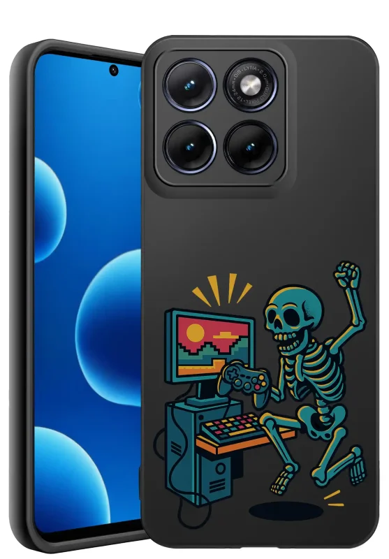 Etui dla gracza do Motorola Edge 70 Fusion z motywem szkieletu grającego na komputerze z padem w ręku