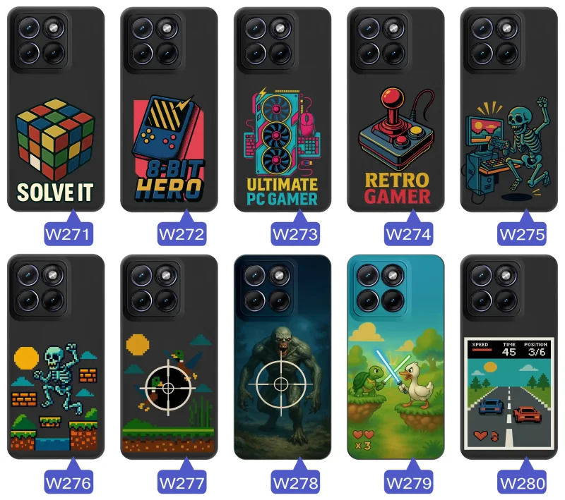 Etui Motorola Edge 70 Fusion z nadrukiem retro arcade: joystick, hasło „Retro Gamer” oraz klasyczne elementy konsol w stylu vintage