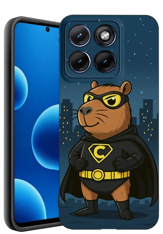 Etui z kapibarą do Motorola Edge 70 Fusion z motywem kapibary przebranej za superbohatera na tle nocnego miasta