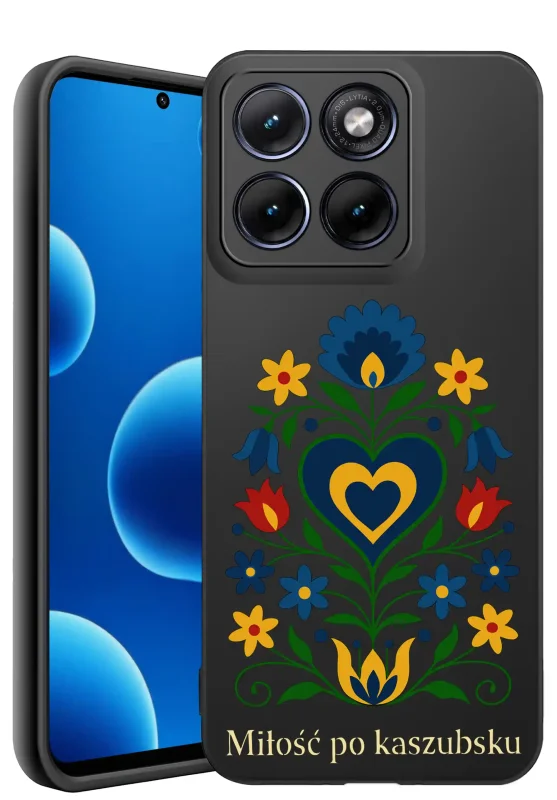 Etui z kaszubskim wzorem do Motorola Edge 70 Fusion z kolorowym motywem kwiatowym i napisem „Miłość po kaszubsku”