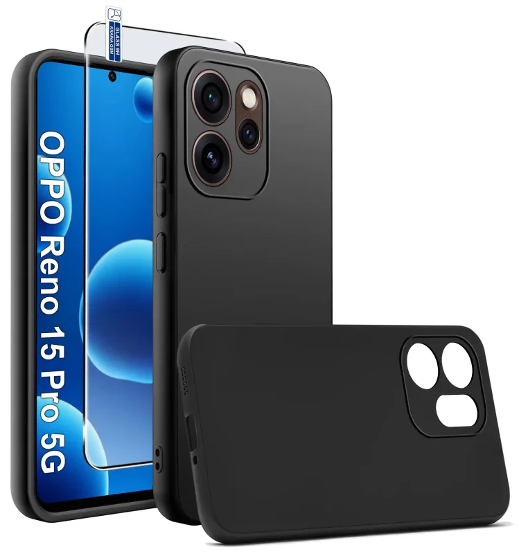 Czarne matowe etui silikonowe do Oppo Reno 15 Pro 5G ze szkłem hartowanym 9H w zestawie