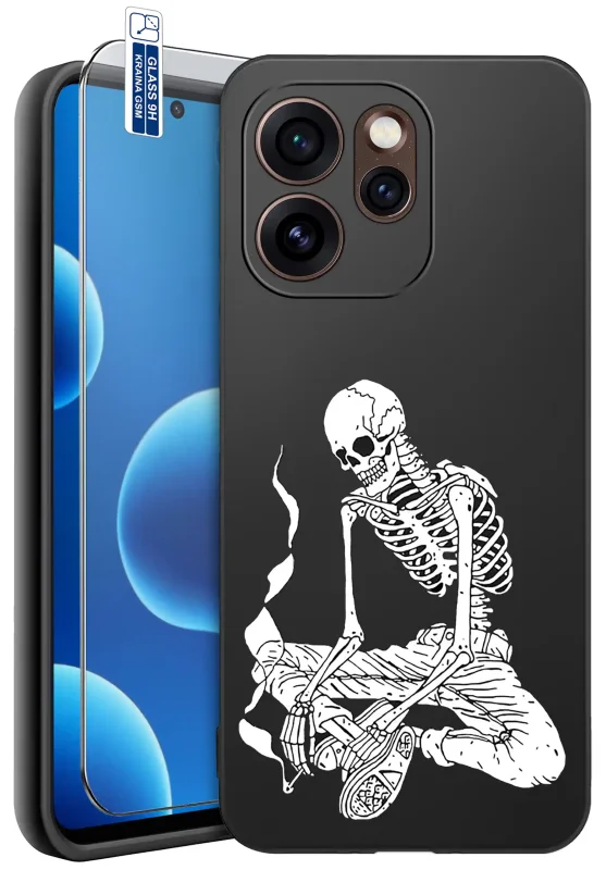 Etui Halloween do Oppo Reno 15 Pro 5G z nadrukiem białego szkieletu siedzącego po turecku oraz szkłem hartowanym 9H