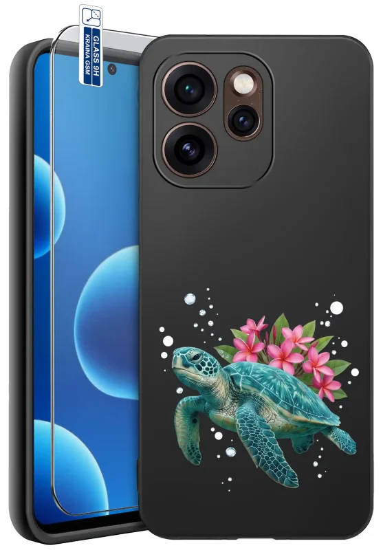 Etui wakacyjne do Oppo Reno 15 Pro 5G z nadrukiem turkusowego żółwia morskiego, różowych kwiatów i bąbelków wody oraz szkłem hartowanym 9H
