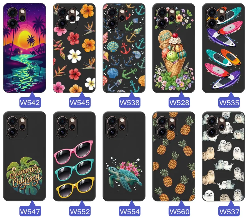 Kolekcja etui wakacyjnych do Oppo Reno 15 Pro 5G z palmami, kwiatami, kotwicami, lodami, deskami SUP, fokami i ananasami