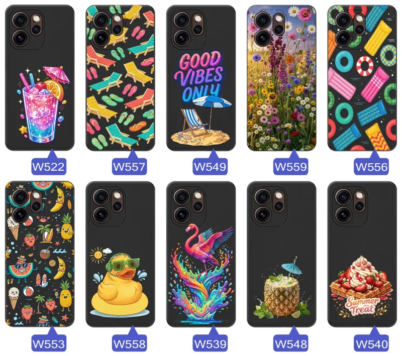 Różne letnie wzory etui do Oppo Reno 15 Pro 5G z motywami leżaków, napojów, kwiatów, materacy, flamingów i owoców