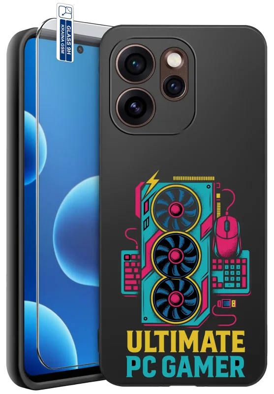 Etui dla gracza do Oppo Reno 15 Pro 5G z kolorowym nadrukiem komputera gamingowego, klawiatury i myszy oraz napisem Ultimate PC Gamer i szkłem hartowanym 9H