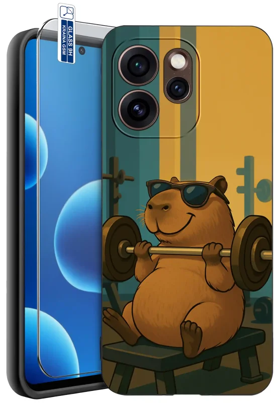 Etui z kapibarą do Oppo Reno 15 Pro 5G z zabawnym nadrukiem kapibary w okularach przeciwsłonecznych podnoszącej sztangę na siłowni oraz szkłem hartowanym 9H