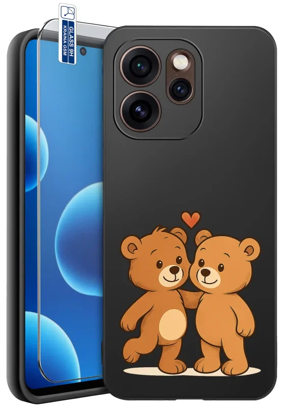 Etui z misiem do Oppo Reno 15 Pro 5G z uroczym nadrukiem dwóch przytulających się brązowych misiów i serduszkiem oraz szkłem hartowanym 9H