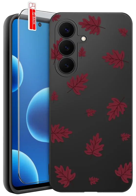 Etui jesienne do Samsung Galaxy S26 FE z nadrukiem bordowych liści dębu na czarnym pokrowcu oraz szkłem hartowanym 9H