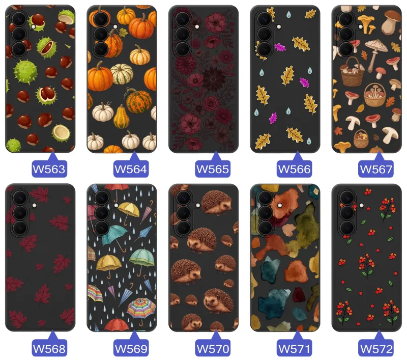 Kolekcja etui jesiennych do Samsung Galaxy S26 FE z motywami dyni, kasztanów, grzybów, kwiatów i liści