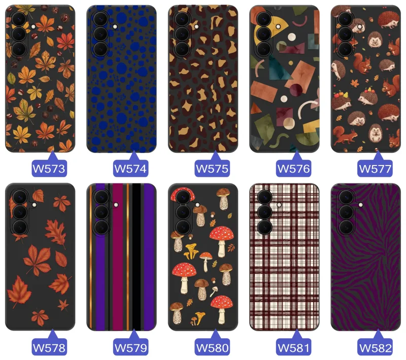 Różne etui jesienne do Samsung Galaxy S26 FE z kolorowymi nadrukami liści, grzybów, zwierząt, kraty i panterki