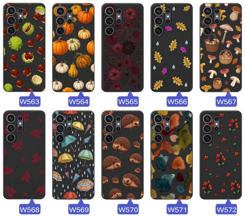 Kolekcja etui jesiennych do Samsung Galaxy S26 Ultra z motywami dyni, kasztanów, grzybów, kwiatów i liści