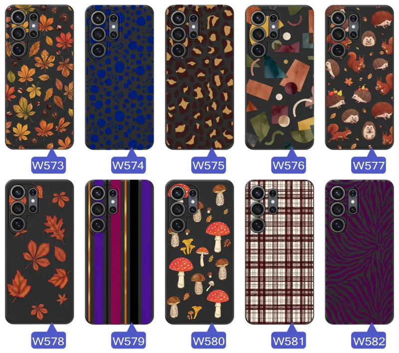 Różne etui jesienne do Samsung Galaxy S26 Ultra z kolorowymi nadrukami liści, grzybów, zwierząt, kraty i panterki