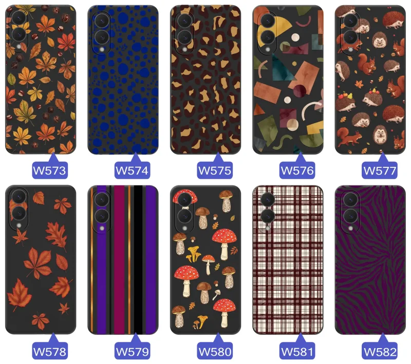 Różne etui jesienne do Samsung Galaxy S25 Edge z kolorowymi nadrukami liści, grzybów, zwierząt, kraty i panterki