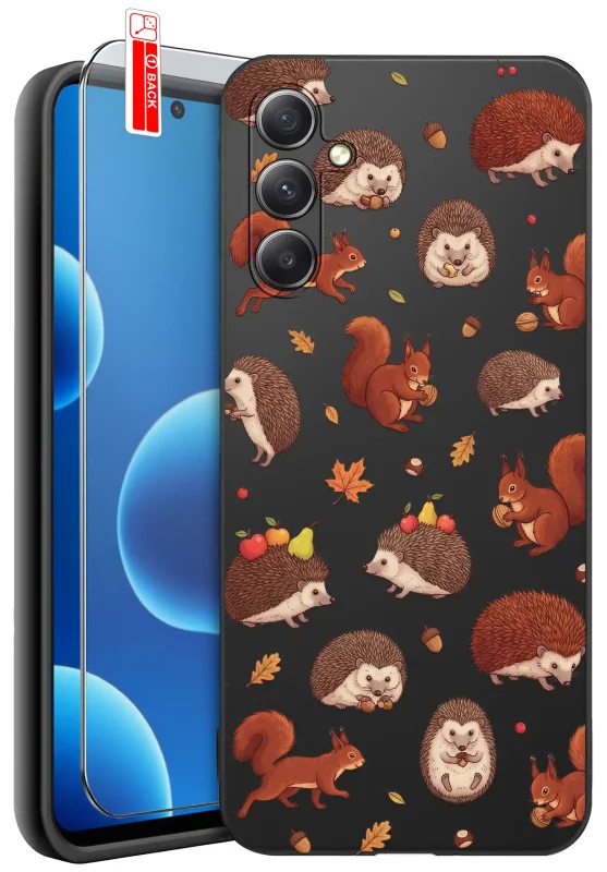 Etui jesienne do Samsung Galaxy S25 z nadrukiem brązowych jeży, rudych wiewiórek, żołędzi i jesiennych liści na czarnym pokrowcu oraz szkłem hartowanym 9H