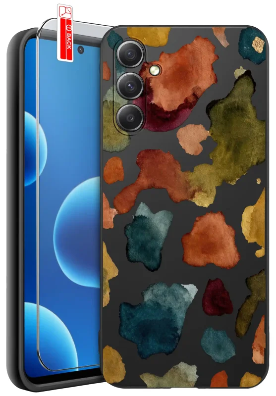 Etui jesienne do Samsung Galaxy S24 FE z abstrakcyjnym nadrukiem akwarelowych plam w odcieniach pomarańczu, bordo, zieleni i granatu na czarnym pokrowcu oraz szkłem hartowanym 9H