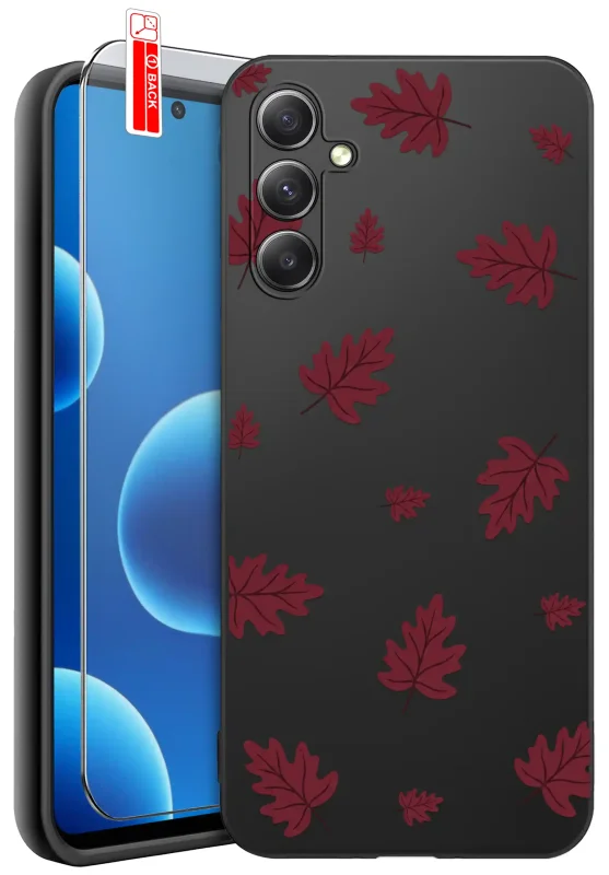 Etui jesienne do Samsung Galaxy A55 5G z nadrukiem bordowych liści klonu na czarnym pokrowcu oraz szkłem hartowanym 9H