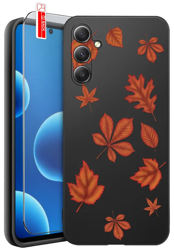 Etui jesienne do Samsung Galaxy A35 5G z nadrukiem pomarańczowych i czerwonych liści na czarnym pokrowcu oraz szkłem hartowanym 9H