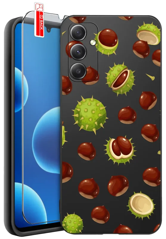 Etui jesienne do Samsung Galaxy A15 4G i 5G z nadrukiem brązowych kasztanów i zielonych łupin na czarnym pokrowcu oraz szkło hartowane 9H w zestawie