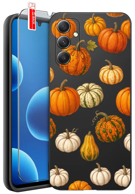 Etui jesienne do Samsung Galaxy A05s z nadrukiem pomarańczowych, żółtych i białych dyń na czarnym pokrowcu, szkło hartowane 9H w zestawie