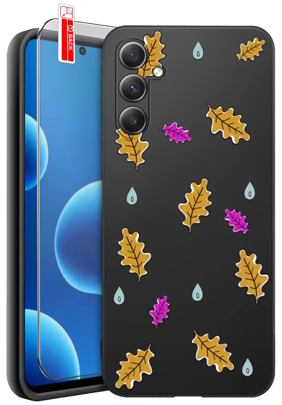 Etui jesienne do Samsung Galaxy S24 z nadrukiem żółtych i różowych liści oraz kropli deszczu na czarnym pokrowcu, szkło hartowane 9H w zestawie