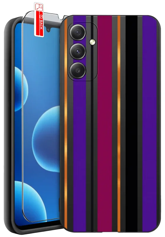 Etui do Samsung Galaxy A25 5G z kolorowym wzorem pionowych pasów w odcieniach fioletu, bordo, czerni i pomarańczu oraz szkło hartowane 9H w zestawie