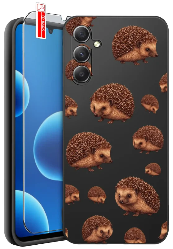 Etui jesienne do Samsung Galaxy A34 5G z nadrukiem brązowych jeży na czarnym pokrowcu, szkło hartowane 9H w zestawie