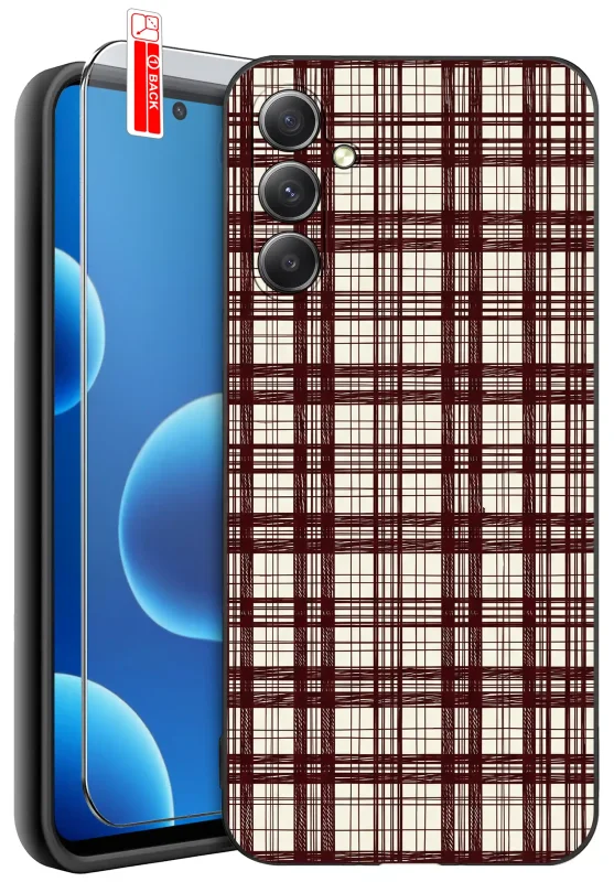 Etui jesienne do Samsung Galaxy A54 5G w bordową kratę na kremowym tle ze szkłem hartowanym 9H w zestawie